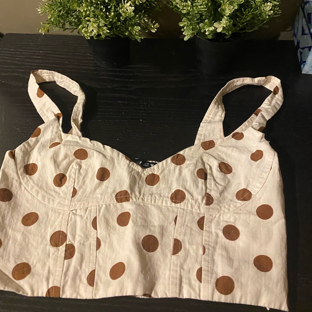 Polka Dot Linen-Blend Tank Top - Beige with Brown Dots